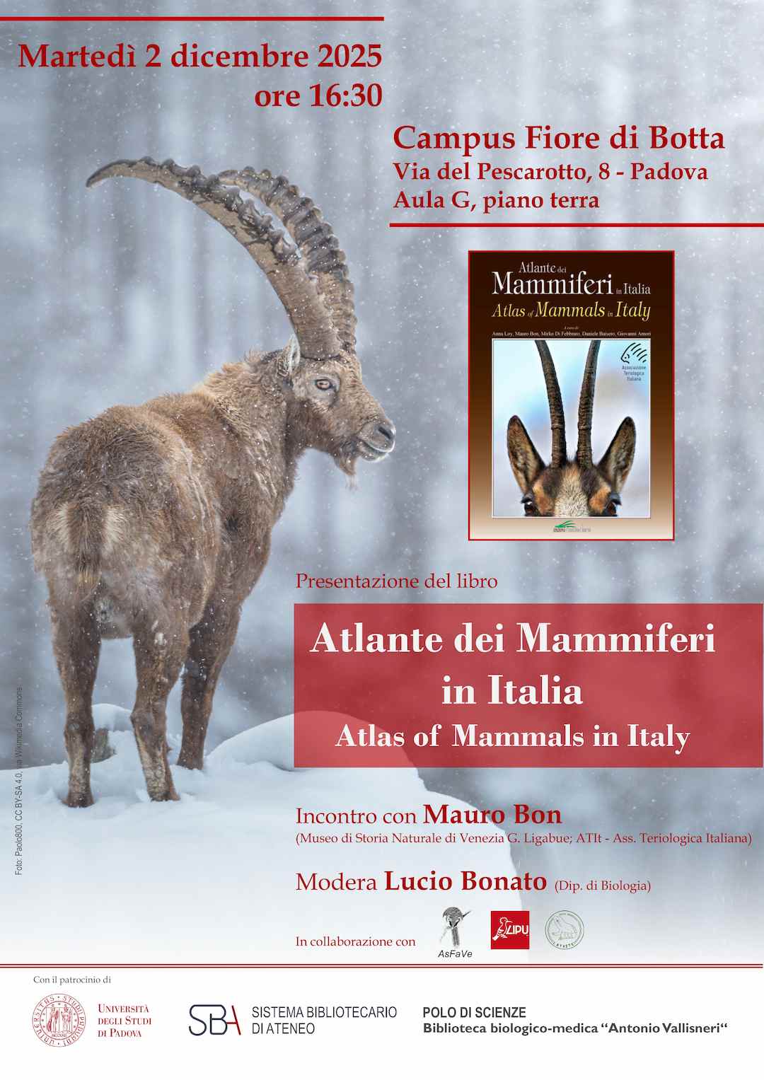 Locandina della presentazione del volume Atlante dei Mammiferi in Italia, 2 dicembre 2025 presso l'aula 0G del Campus Fiore di Botta a Padova.