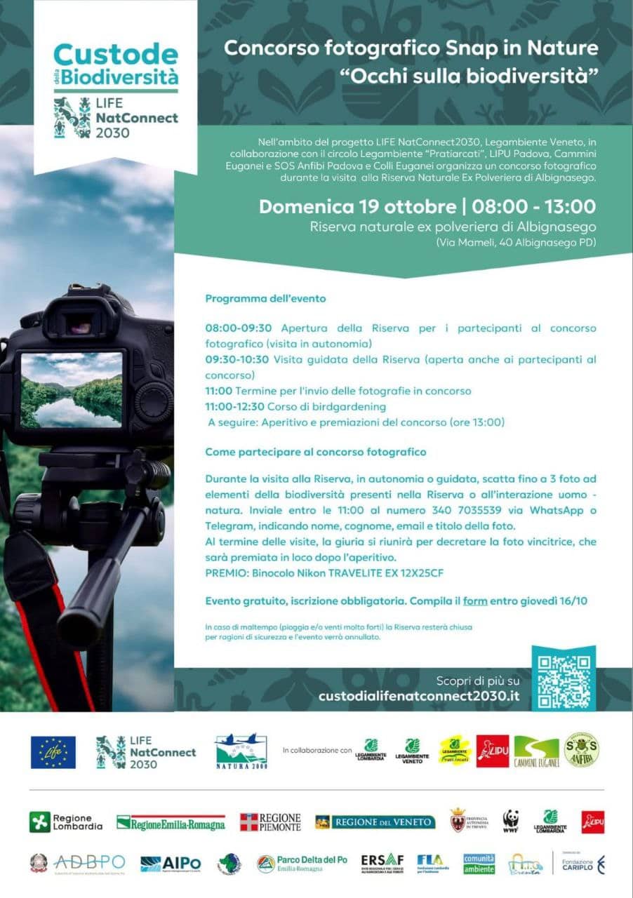 Locandina del concorso fotografico Snap in Nature 'Occhi sulla Biodiversità' e del workshop di birdgardening organizzati da Lipu Padova il 19 ottobre 2025 alla Riserva Naturale Ex Polveriera di Albignasego.
