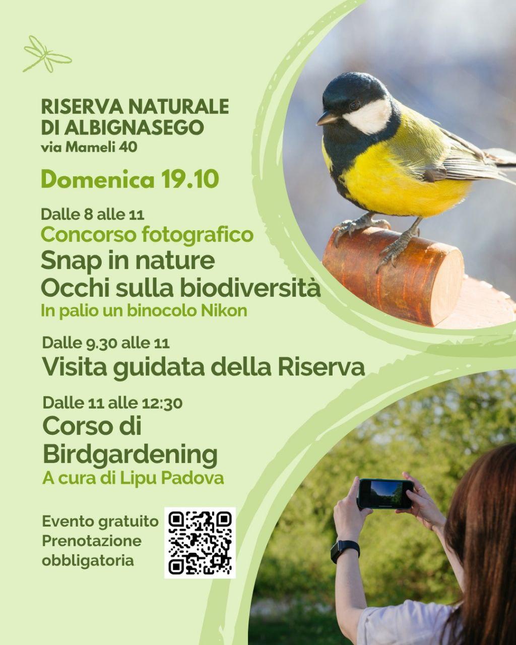 Locandina del concorso fotografico Snap in Nature 'Occhi sulla Biodiversità' e del workshop di birdgardening organizzati da Lipu Padova il 19 ottobre 2025 alla Riserva Naturale Ex Polveriera di Albignasego.